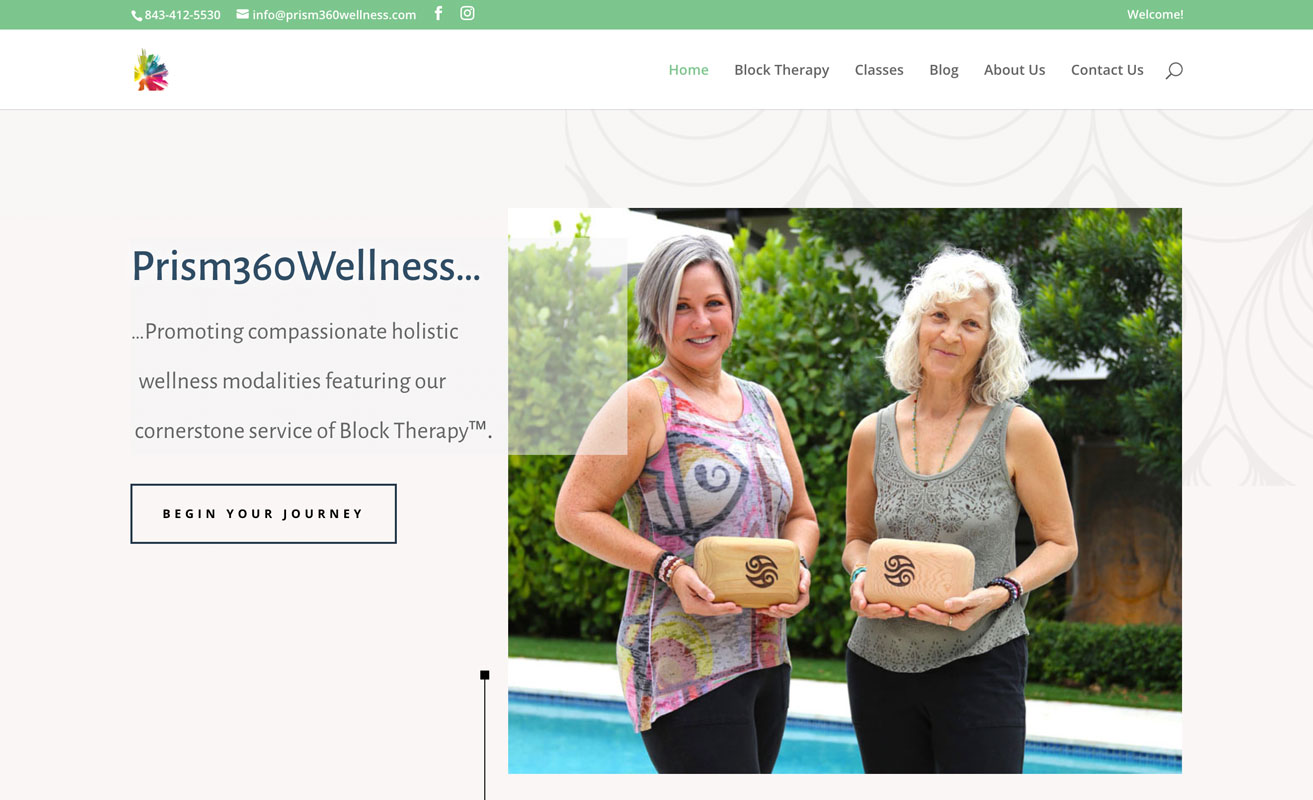 Prism 360 Wellness Home Page welcome image and message, and logo and menu bar.