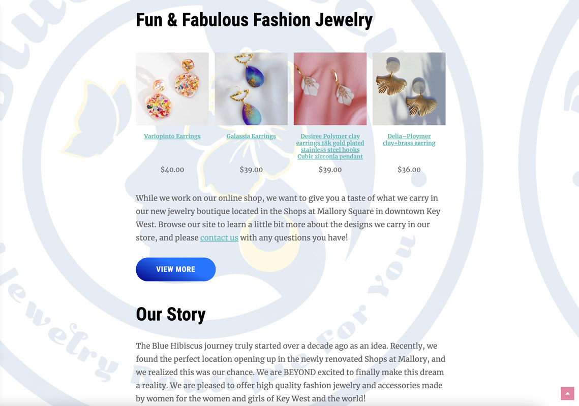 Blue Hibiscus Jewelry Boutique home page products and business story.