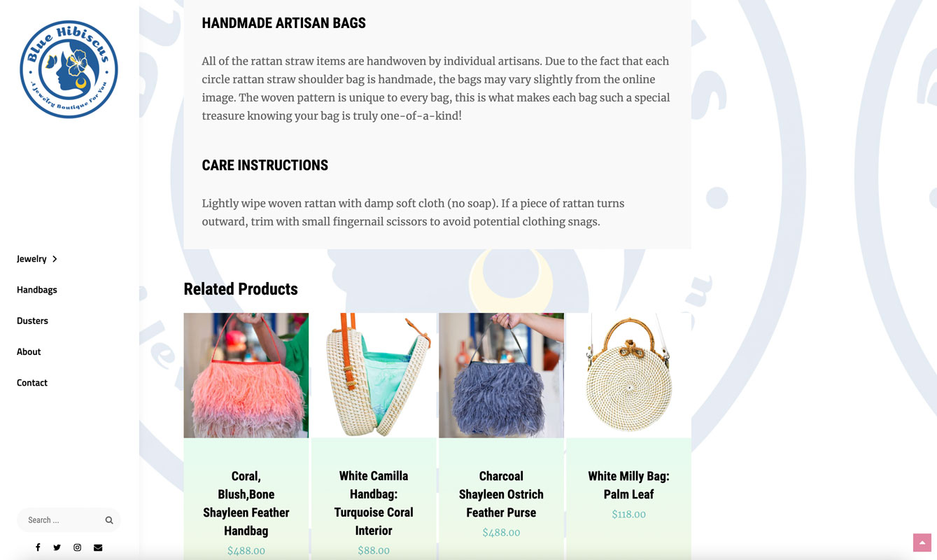 Blue Hibiscus Jewelry Boutique product page showing related products.